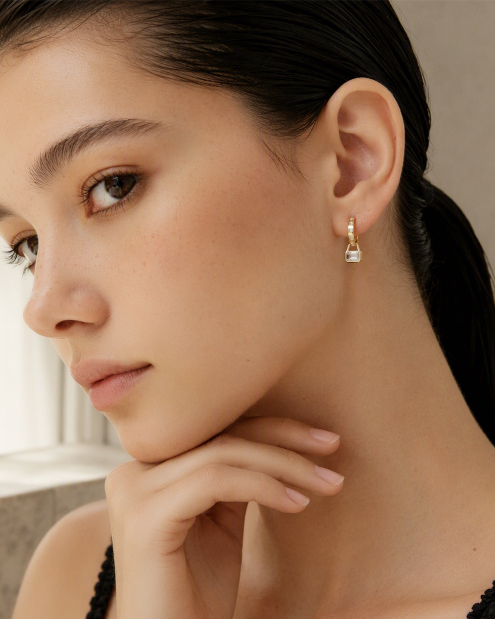 Curved Bar with Rectangle CZ Drop Earrings