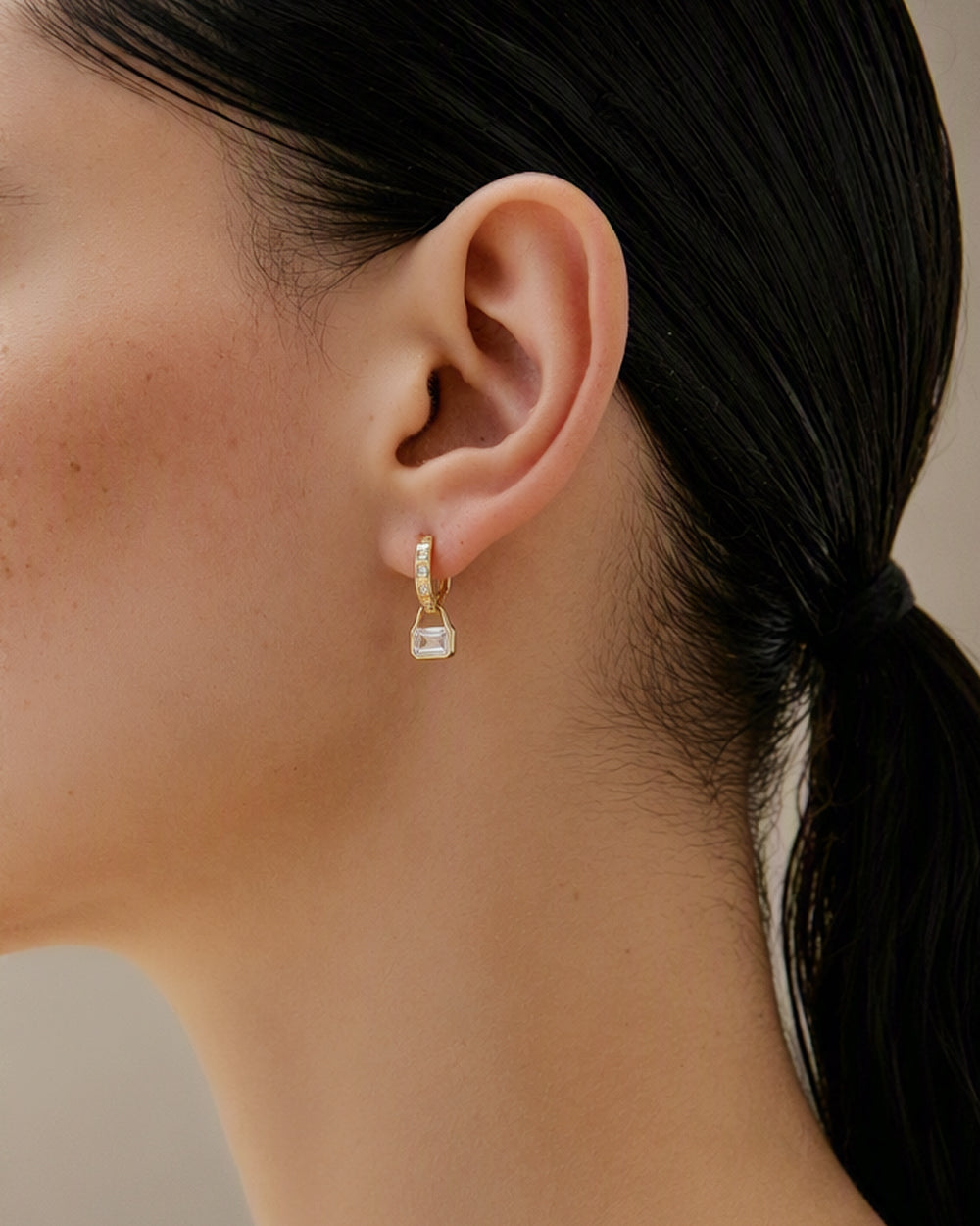 Curved Bar with Rectangle CZ Drop Earrings
