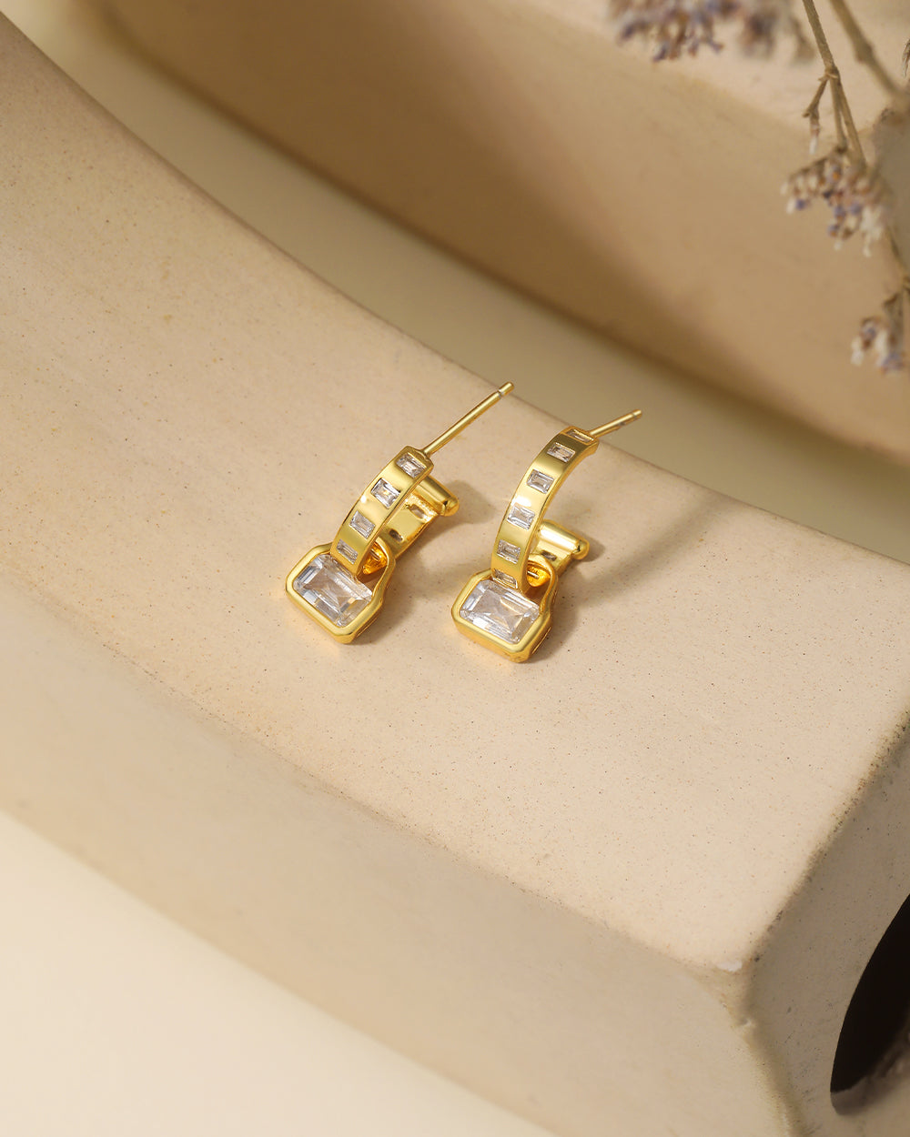 Curved Bar with Rectangle CZ Drop Earrings