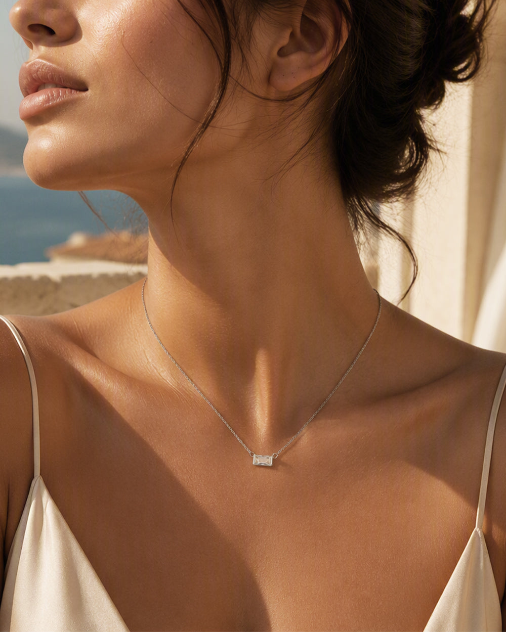 Silver Baguette Cut Solitaire Necklace