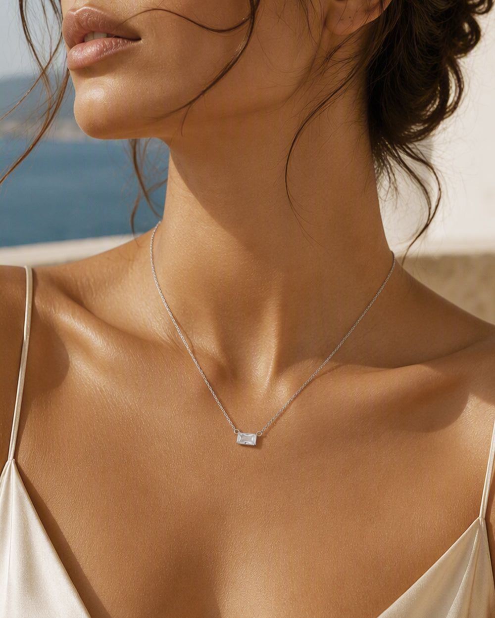 Silver Baguette Cut Solitaire Necklace