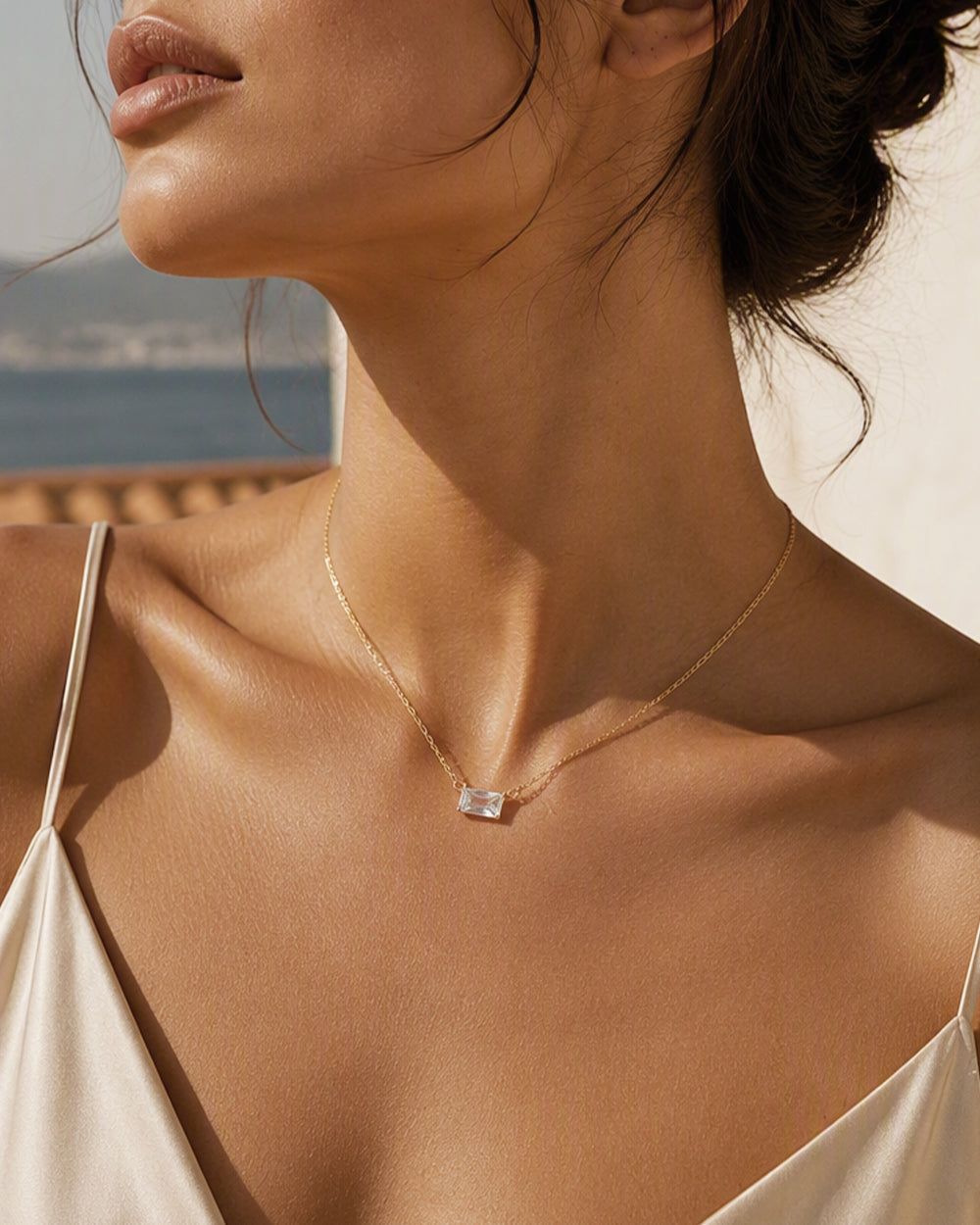 Gold Baguette Cut Solitaire Necklace