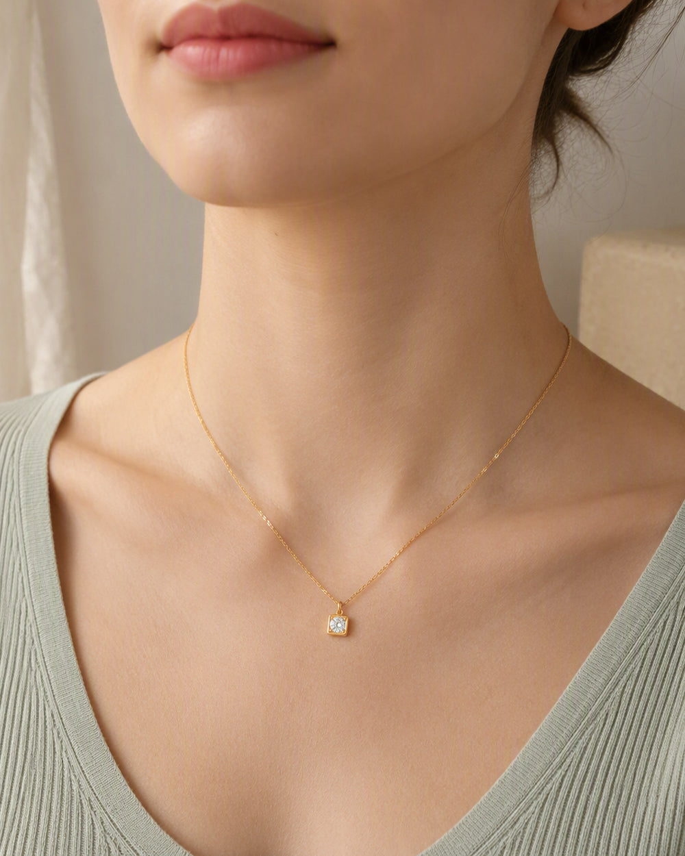 Gold Square Bezel Round CZ Solitaire Necklace