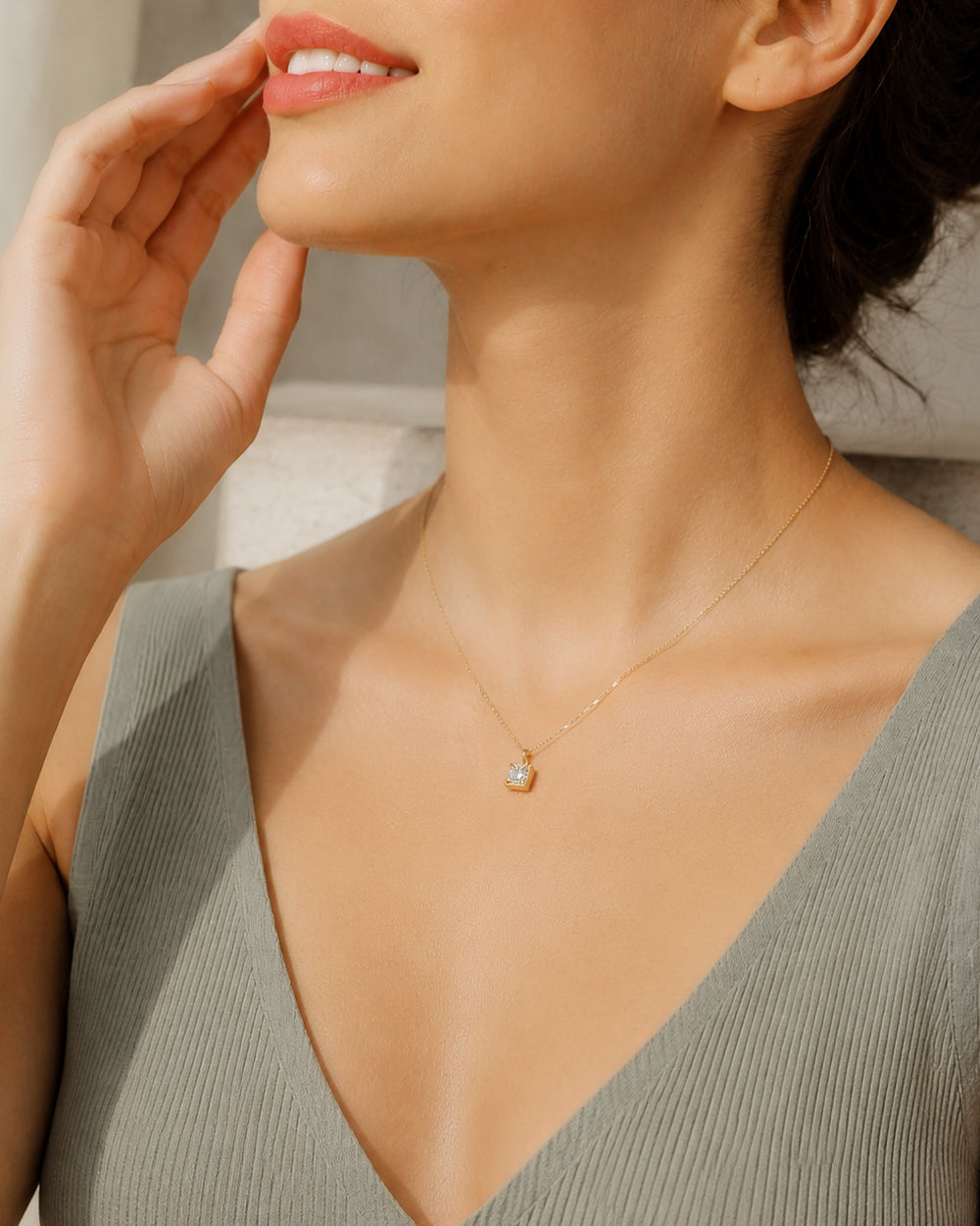 Gold Square Bezel Round CZ Solitaire Necklace