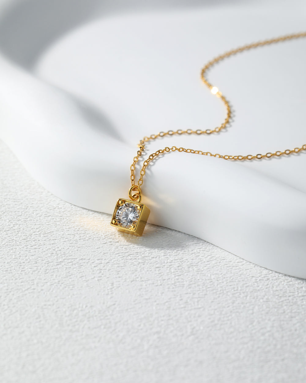 Gold Square Bezel Round CZ Solitaire Necklace