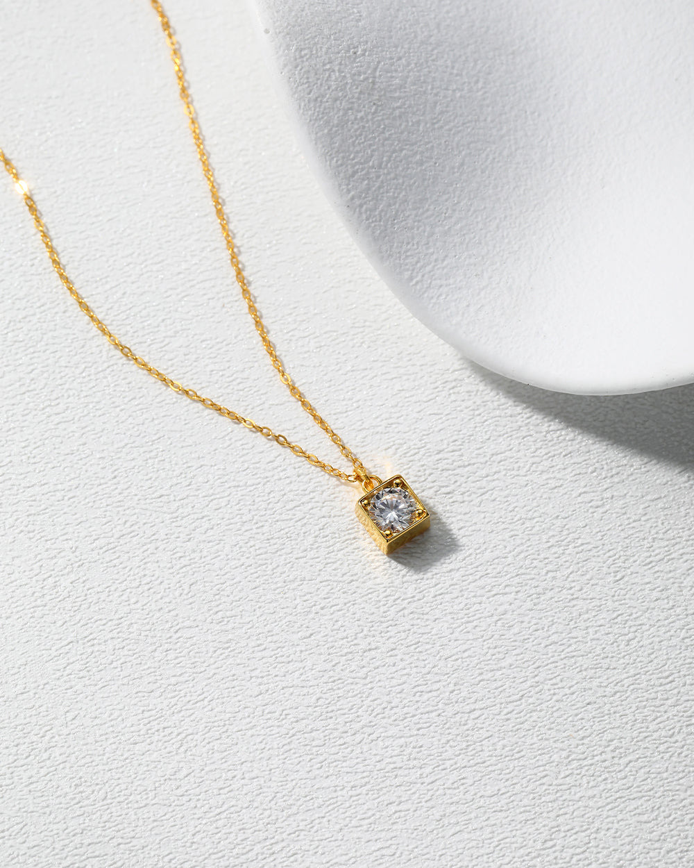 Gold Square Bezel Round CZ Solitaire Necklace