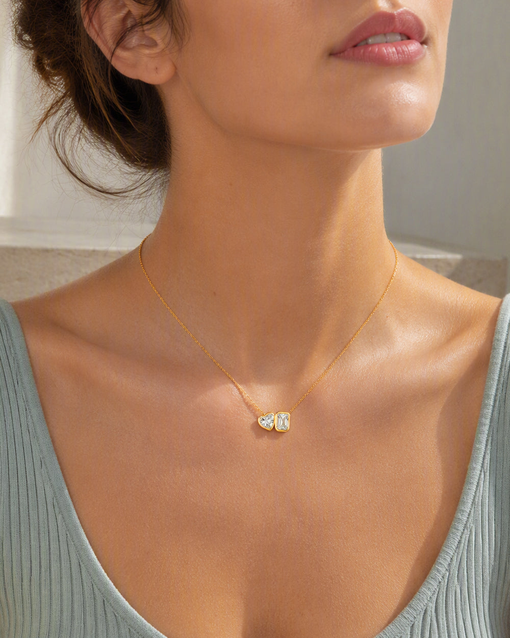 Gold Heart & Rectangle CZ Solitaire Necklace