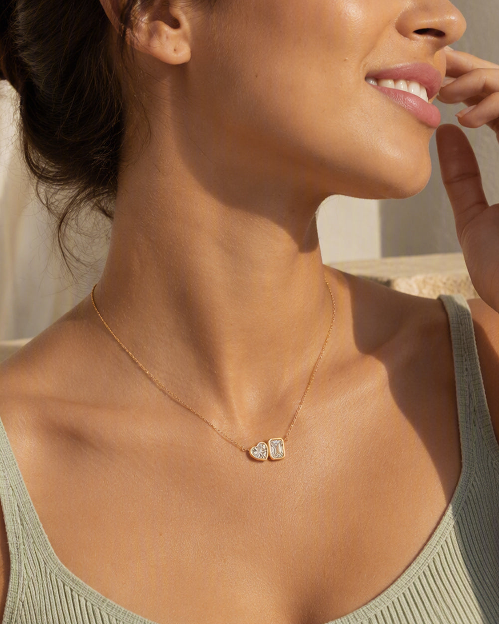 Gold Heart & Rectangle CZ Solitaire Necklace