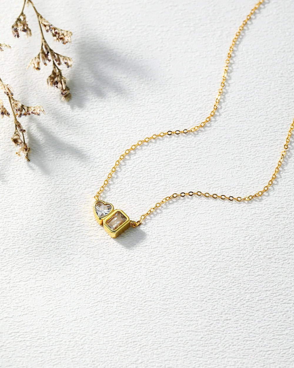 Gold Heart & Rectangle CZ Solitaire Necklace