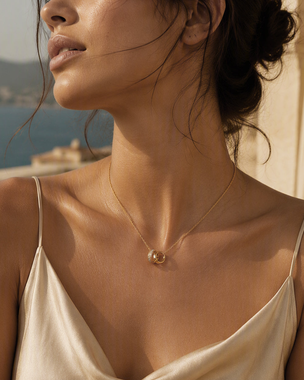 Gold Interlocking Double Ring Necklace