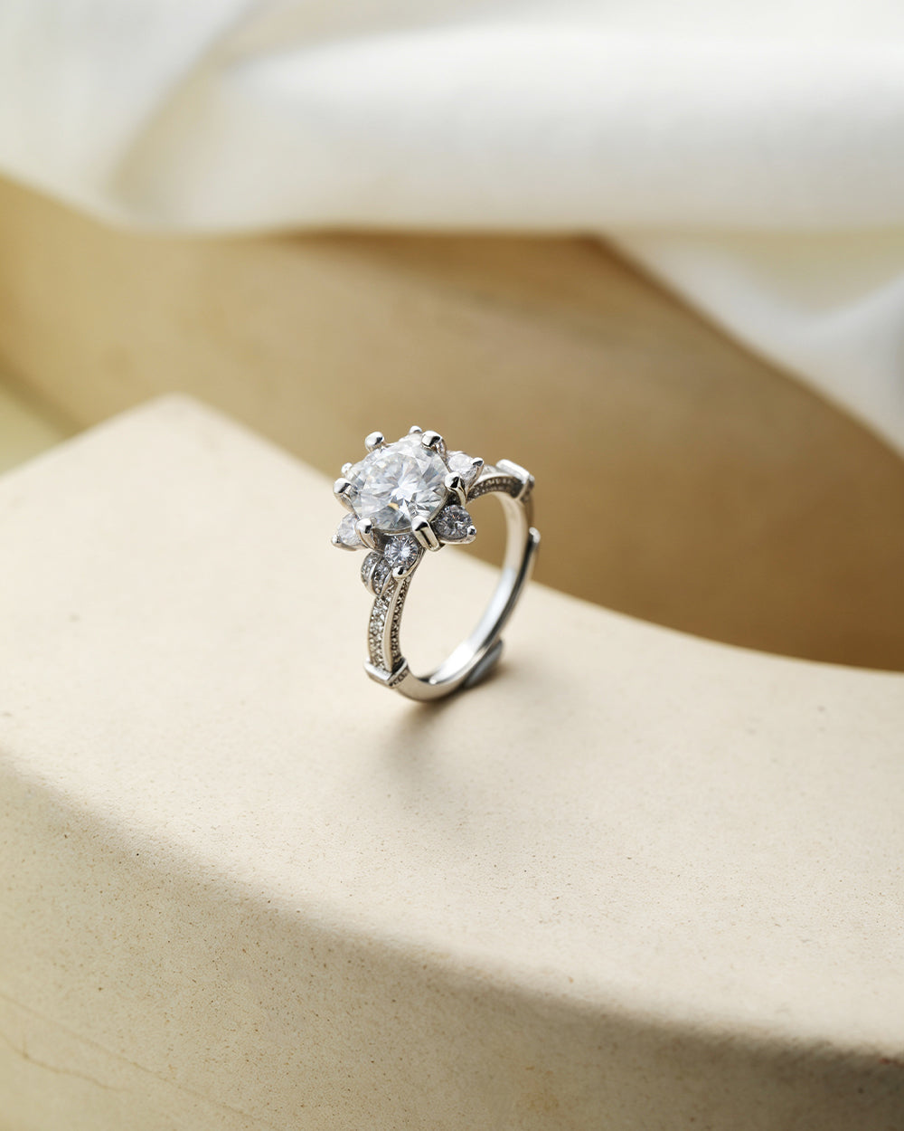 Rhodium Plated Large Moissanite Open Ring