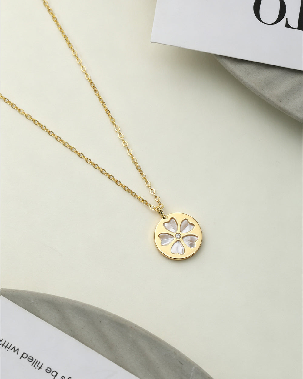 14K Gold Plated Shell & Diamond Pendant Necklace
