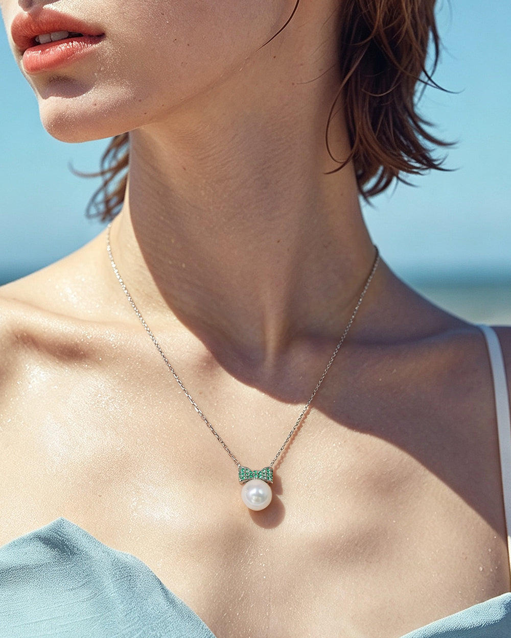 Rhodium Plated Shell Pearl CZ Pendant Necklace