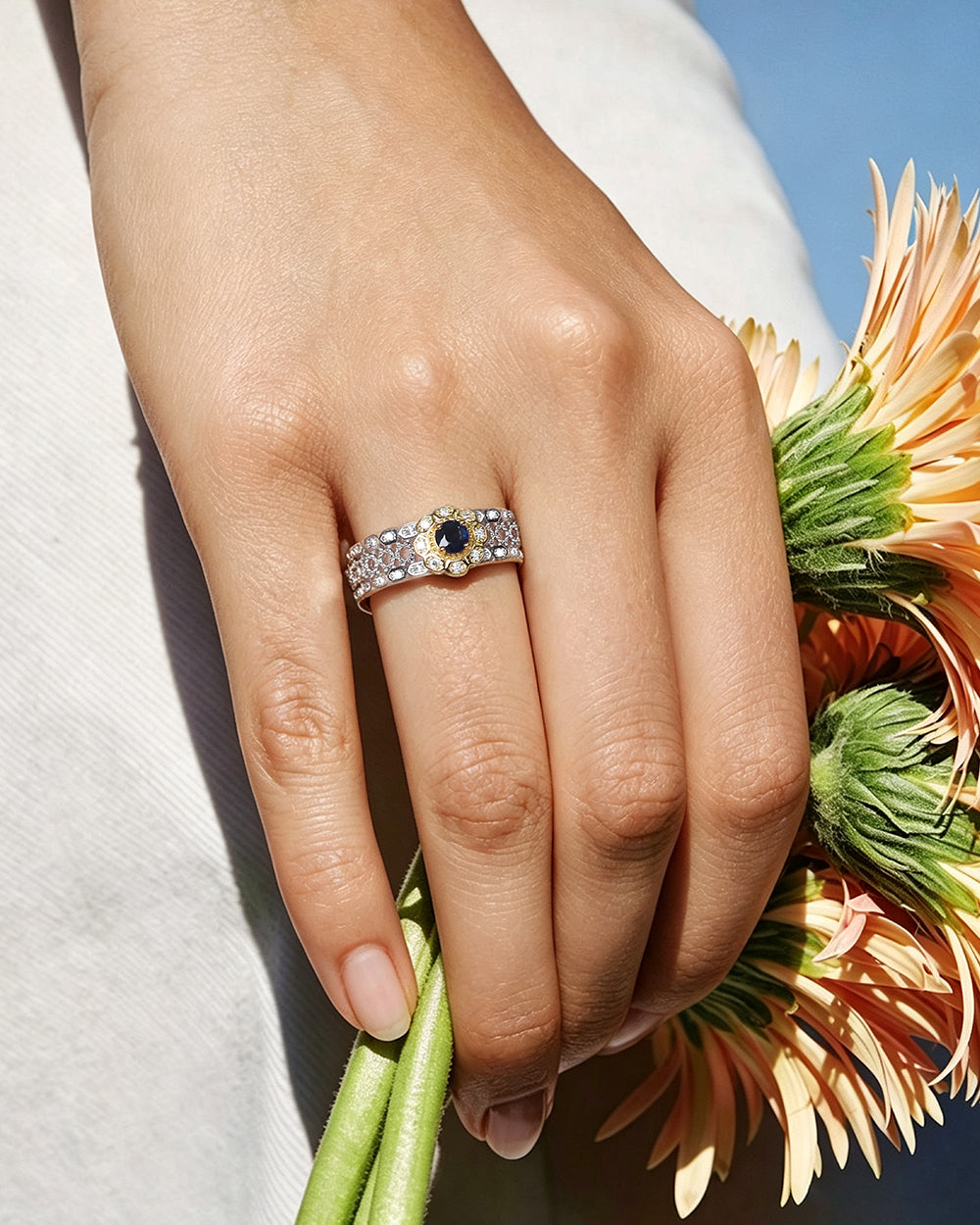 Rhodium Plated Sapphire CZ Open Ring
