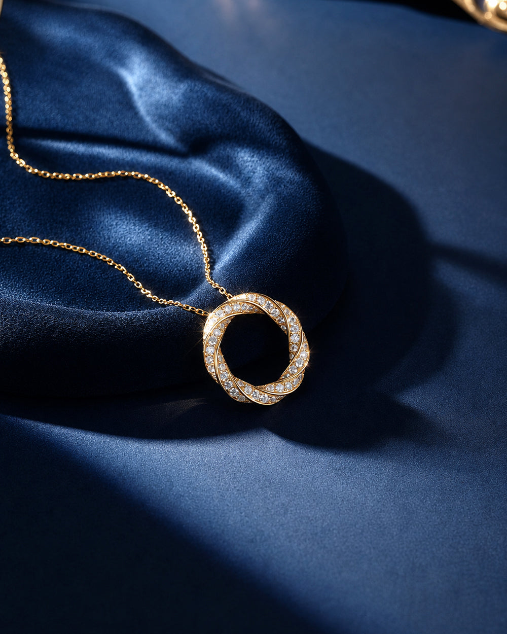 18K Gold Plated Diamond-Studded Twisted Ring Necklace