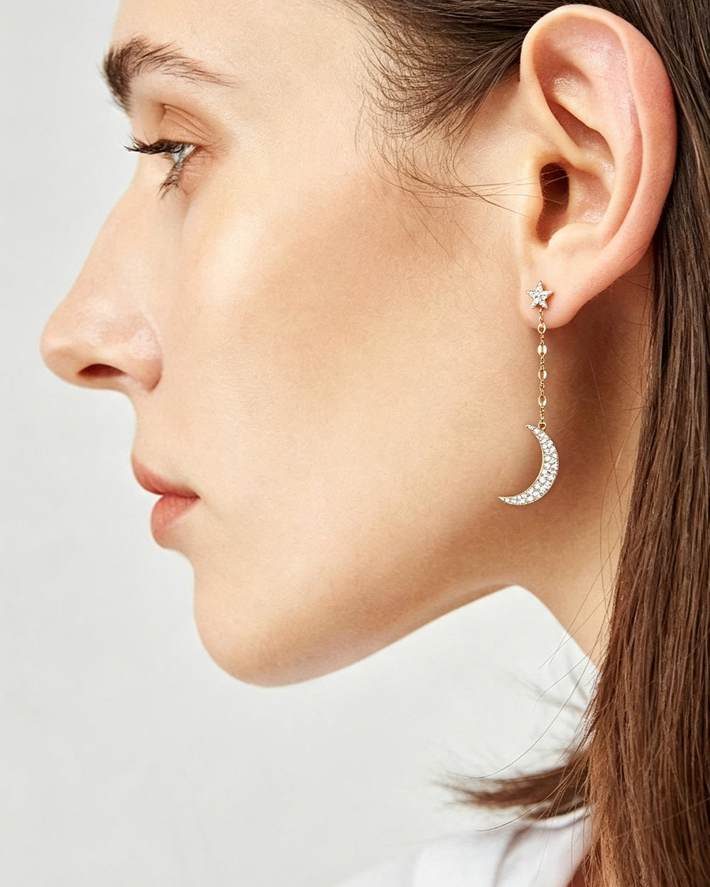 Star & Moon CZ Drop Earrings