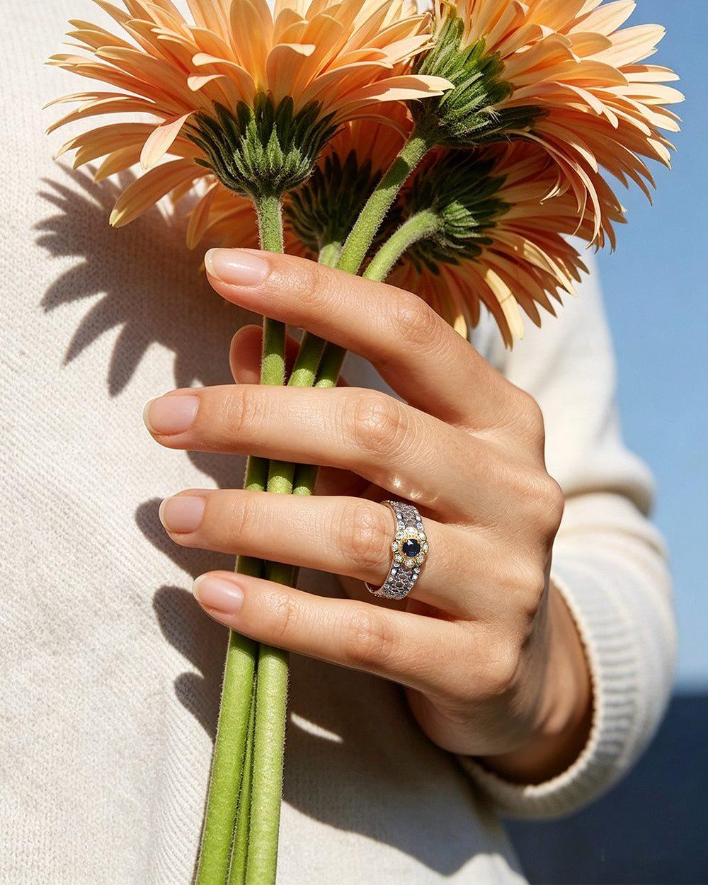 Rhodium Plated Sapphire CZ Open Ring